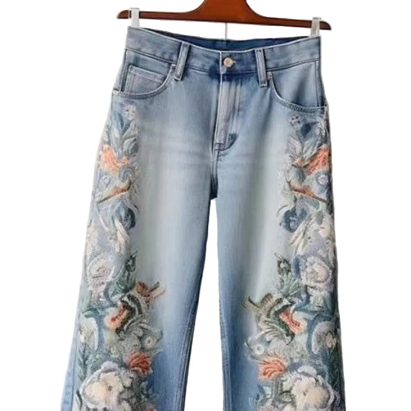 Broderade raka jeans för dam