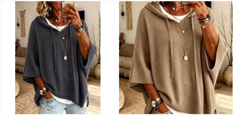Stickad hoodie med dragsko
