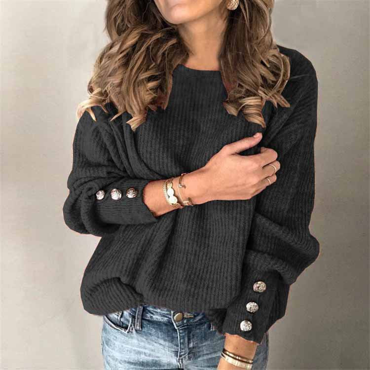 Knit T-shirt Långärmad Rund Knappar