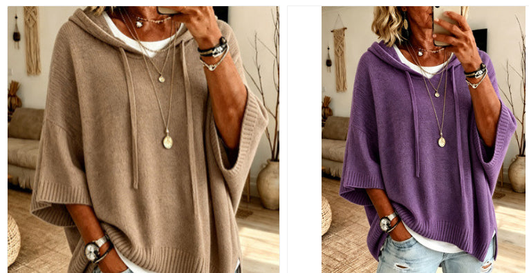 Stickad hoodie med dragsko
