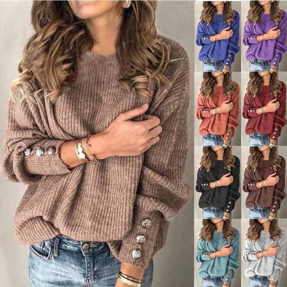 Knit T-shirt Långärmad Rund Knappar