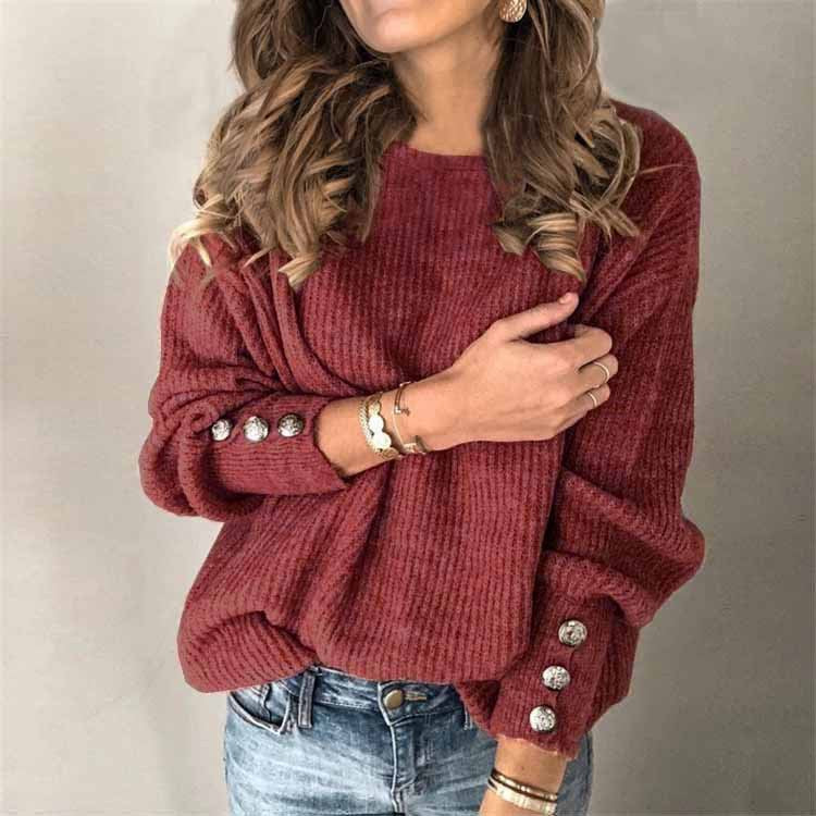 Knit T-shirt Långärmad Rund Knappar