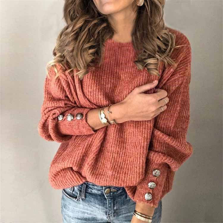 Knit T-shirt Långärmad Rund Knappar