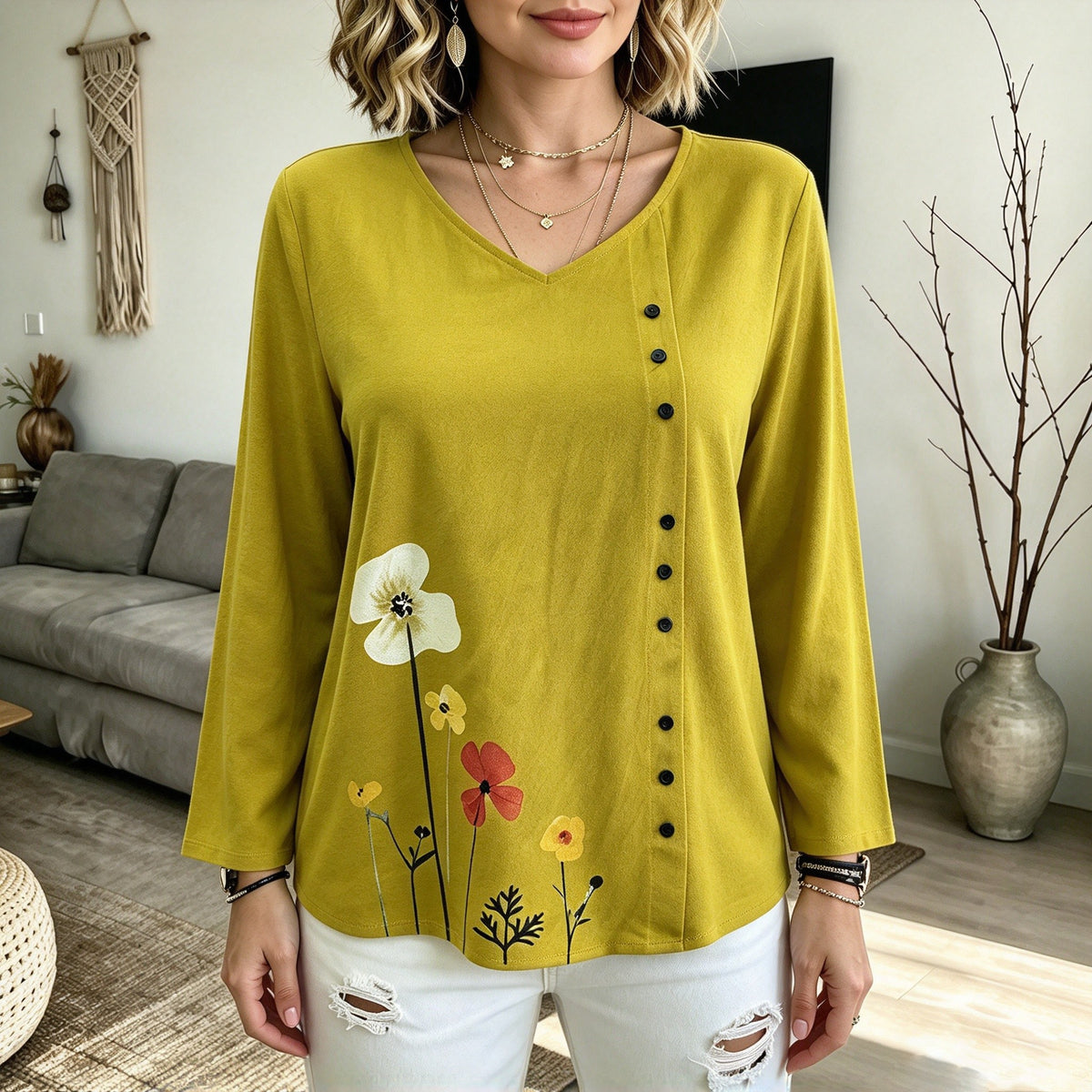 Blommig blus i linneblandning
