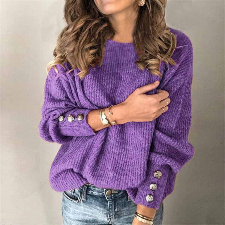Knit T-shirt Långärmad Rund Knappar