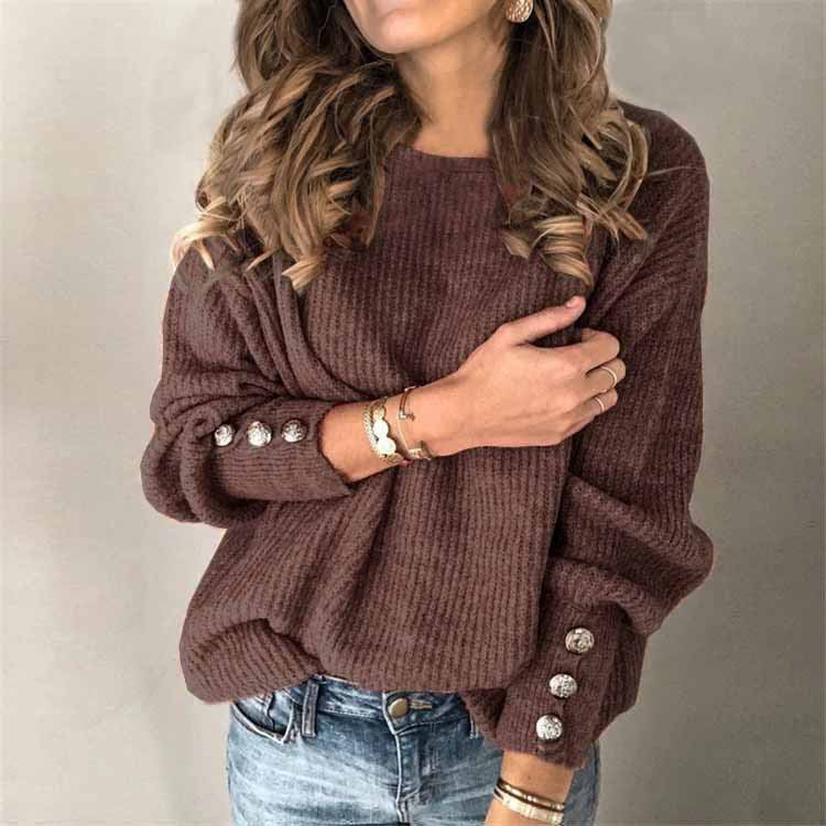 Knit T-shirt Långärmad Rund Knappar