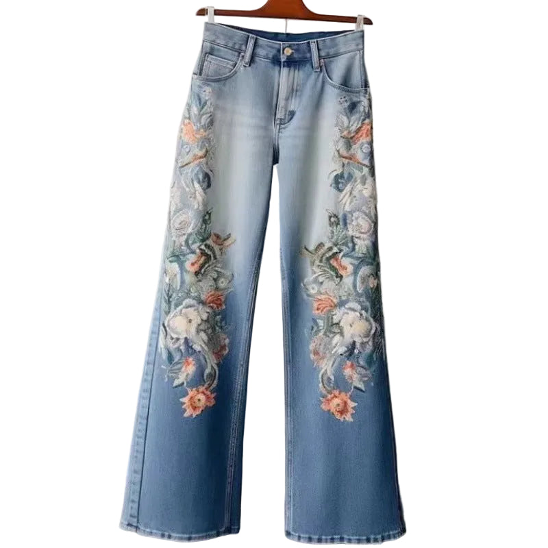 Broderade raka jeans för dam